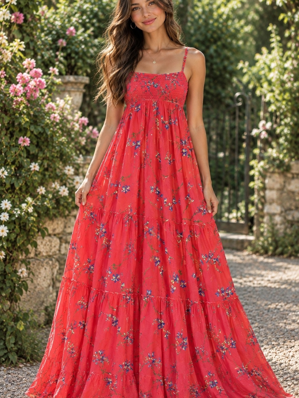 Jaase Red Floral Smocked Maxi Dress - Women S